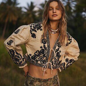 Free People Bali Mabel Jacket Quilted Indian Embroidered Cropped cream NWT S